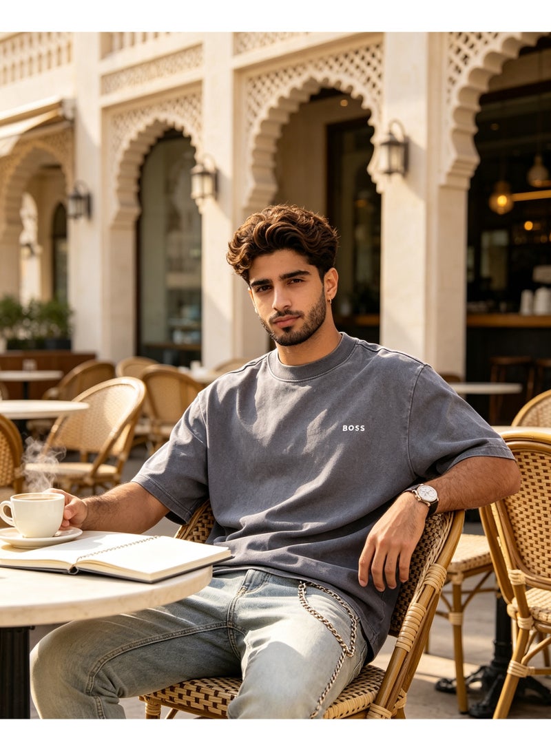 BOSS Unisex Men's Women's Crew Neck Short Sleeve Casual T-Shirt Loose Fit Washed Grey - Image 3