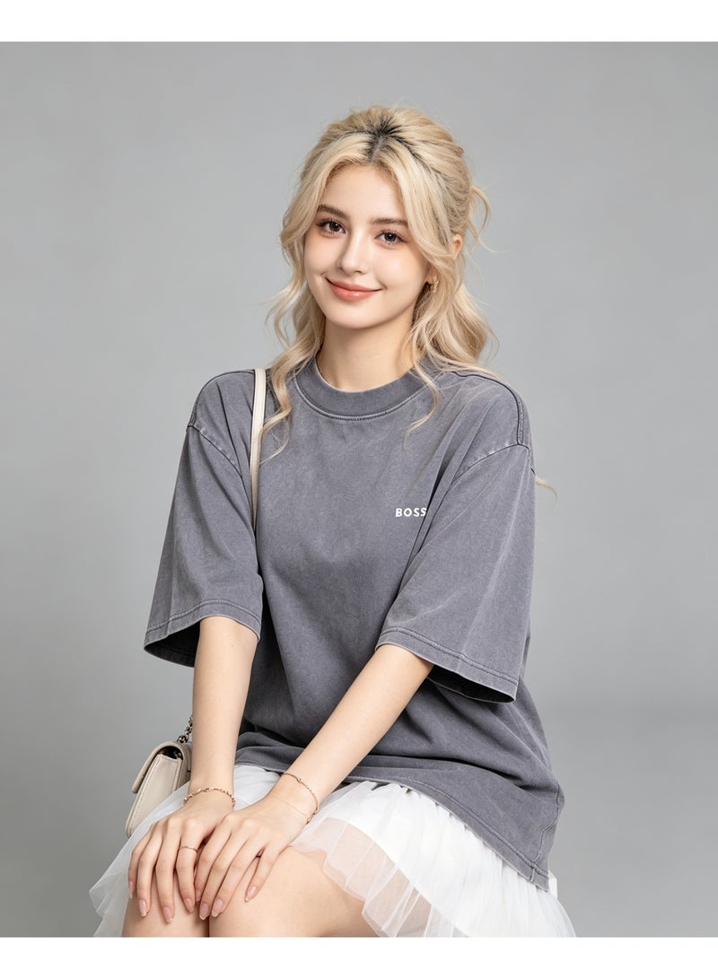 BOSS Unisex Men's Women's Crew Neck Short Sleeve Casual T-Shirt Loose Fit Washed Grey - Image 4