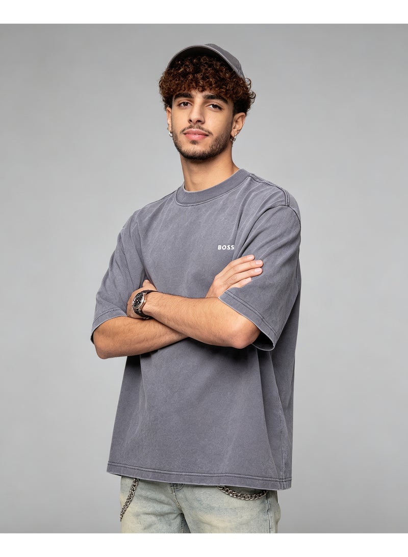 BOSS Unisex Men's Women's Crew Neck Short Sleeve Casual T-Shirt Loose Fit Washed Grey - Image 2