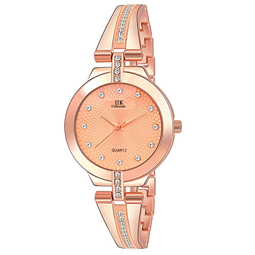 IIK COLLECTION Watches for Women Round Studded Dial |Analogue Quartz Movemnet Ladies Watch|Long Battery Life|Stainless Steel Adjustable Bracelet Chain Strap|Double Lock Clasp Safety (1 Pc, Rosegold) - Image 1