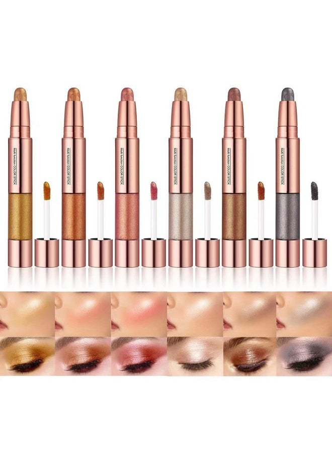 2-In-1 Cream Eyeshadow Stick 6 Colors Metallic Shimmer Eye Shadow Sticks & Highlighter Makeup Liquid Eye Shadow Pencil For Eyes (Pack Of 6)