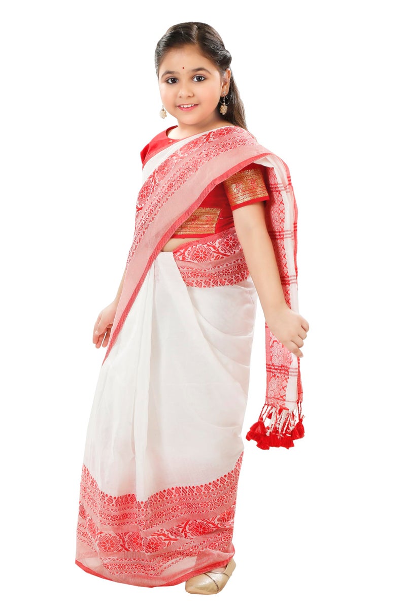 dB DESH BIDESH kids Girls Pure Cotton Saree Red White Ready to Wear Handloom Cotton for Woman Ethnic Chiffon Georgette Wear Saree for Kid Age 5–10 Years - Image 3