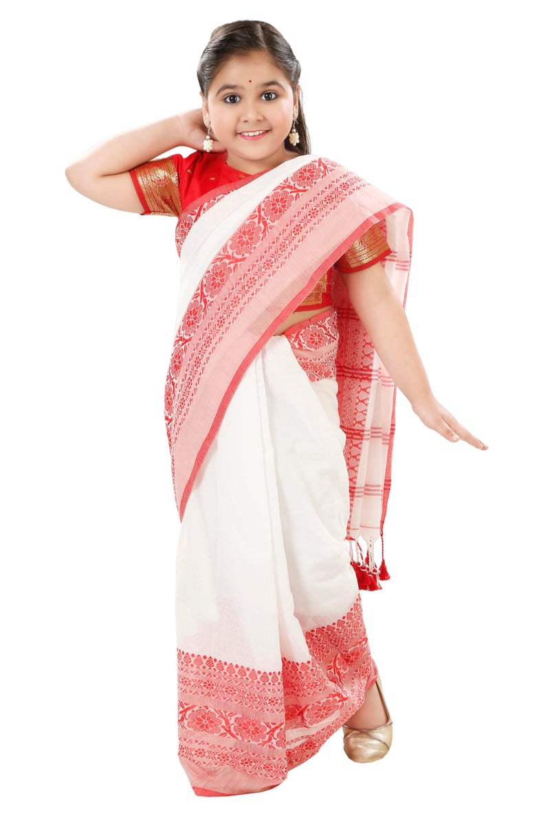 dB DESH BIDESH kids Girls Pure Cotton Saree Red White Ready to Wear Handloom Cotton for Woman Ethnic Chiffon Georgette Wear Saree for Kid Age 5–10 Years - Image 5