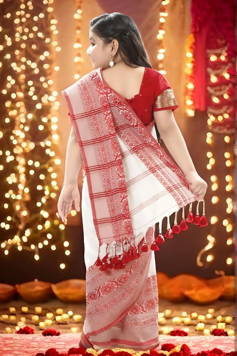 dB DESH BIDESH kids Girls Pure Cotton Saree Red White Ready to Wear Handloom Cotton for Woman Ethnic Chiffon Georgette Wear Saree for Kid Age 5–10 Years - Image 2