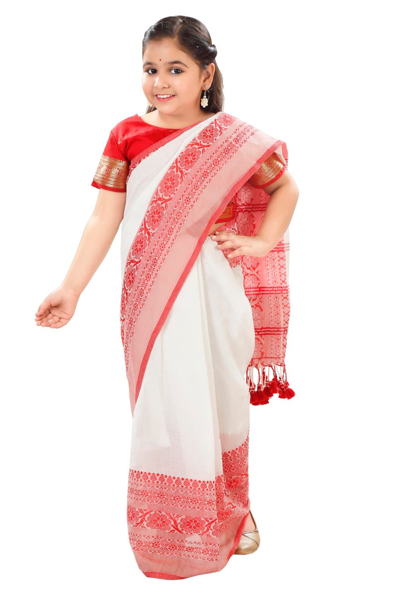dB DESH BIDESH kids Girls Pure Cotton Saree Red White Ready to Wear Handloom Cotton for Woman Ethnic Chiffon Georgette Wear Saree for Kid Age 5–10 Years - Image 4