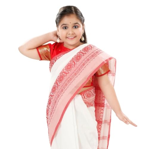 dB DESH BIDESH kids Girls Pure Cotton Saree Red White Ready to Wear Handloom Cotton for Woman Ethnic Chiffon Georgette Wear Saree for Kid Age 5–10 Years - Image 1