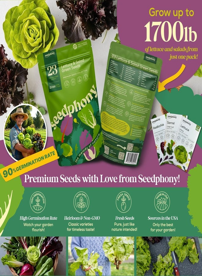 Seedphony 23 Lettuce & Salad Greens Seeds Variety Pack - 25,000+ Non-GMO Heirloom Greens Seeds for Planting Lettuce Indoor & Outdoor: Arugula, Mizuna, Kale, Spinach, Swiss Chard, Mache & More Lettuce Seeds - Image 2