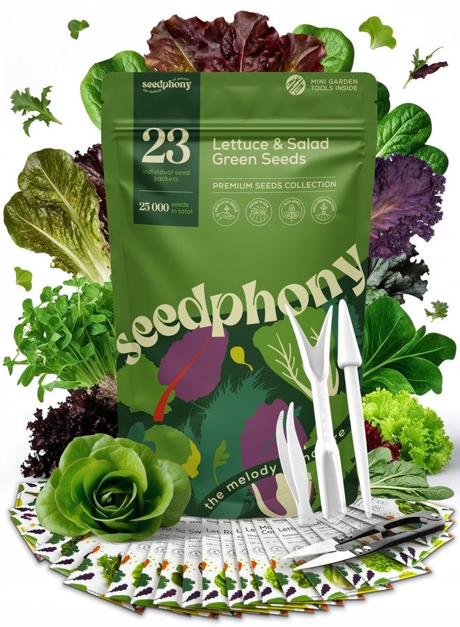 Seedphony 23 Lettuce & Salad Greens Seeds Variety Pack - 25,000+ Non-GMO Heirloom Greens Seeds for Planting Lettuce Indoor & Outdoor: Arugula, Mizuna, Kale, Spinach, Swiss Chard, Mache & More Lettuce Seeds - Image 1