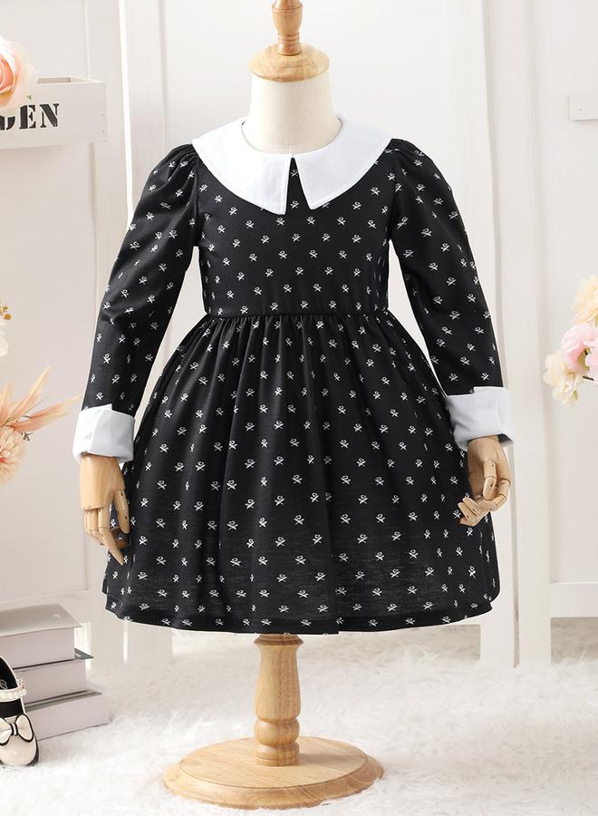 Take Two Girl's Print Colorblock Collar Long Sleeve A-line Dress - Image 1