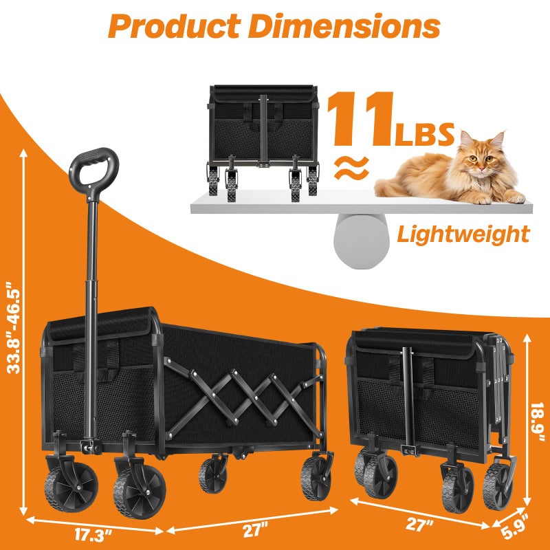 Exovyn Collapsible Wagon Cart Foldable, 360lbs Portable Folding Wagon with Wheels, Foldable Wagon Carts Utility for Camping, Beach, Grocery, Shopping, Sports, Garden(Classic Black) - Image 2