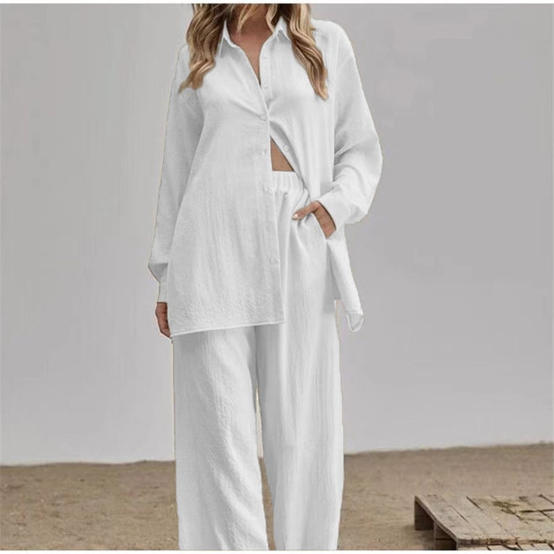 Early Autumn new long sleeve shirt high waist straight pants womens loose casual temperament two-piece set 2024 fashion European and American style Rose Red - Image 3