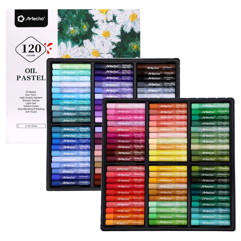 Artecho Oil Pastels Set of 120 Colors, Including 6 Neon Colors, Soft Oil Pastels for Art Painting, Drawing, Blending, Art Supplies for Artists, Beginners, Students, Teachers (10 x 70 mm) - Image 1