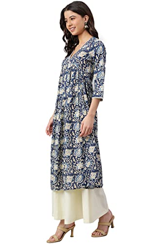 Janasya Women's Navy Blue Cotton Floral Print Flared Kurta (JNE3910-KR-S) - Image 2