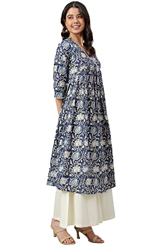 Janasya Women's Navy Blue Cotton Floral Print Flared Kurta (JNE3910-KR-S) - Image 3