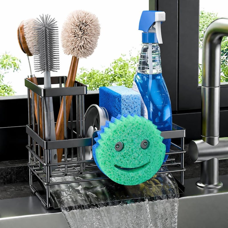 Cisily Sink Caddy with Smiley Face Sponge Holder for Kitchen with Brush Holder and Stainless Steel Self Drain Tray, Rustproof Kitchen Sink Organizer, Soap Dispenser Storage Accessories (Black) - Image 1