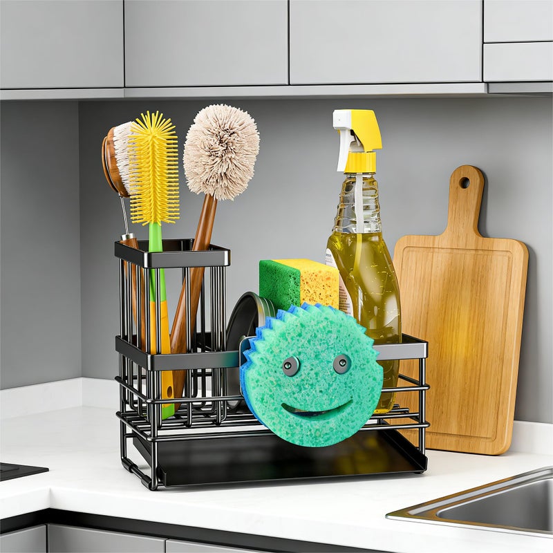 Cisily Sink Caddy with Smiley Face Sponge Holder for Kitchen with Brush Holder and Stainless Steel Self Drain Tray, Rustproof Kitchen Sink Organizer, Soap Dispenser Storage Accessories (Black) - Image 4