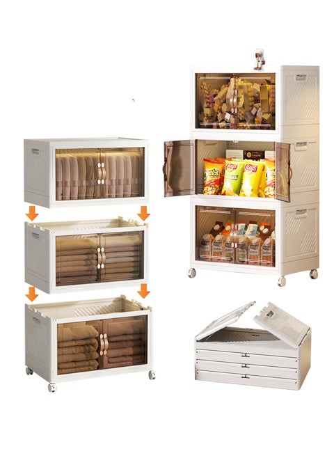 Foldable Plastic Storage Box 3 layers With Wheels and Doors,XLarge Storage Bin with Lid Organizers Stackable Storage Bins, Closet Organizers Double Door Magnetic with Universal Pulley