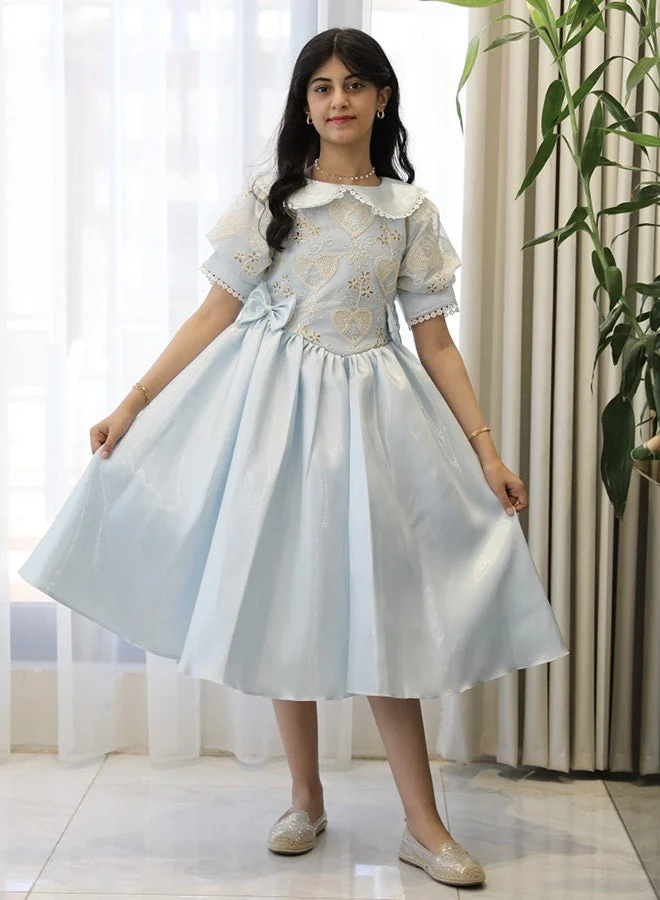 Hawraa Abaya Girls’ Sky Blue Heart-Pattern Embroidered Dress with Wide Royal Collar and Luxurious Russian Fabric