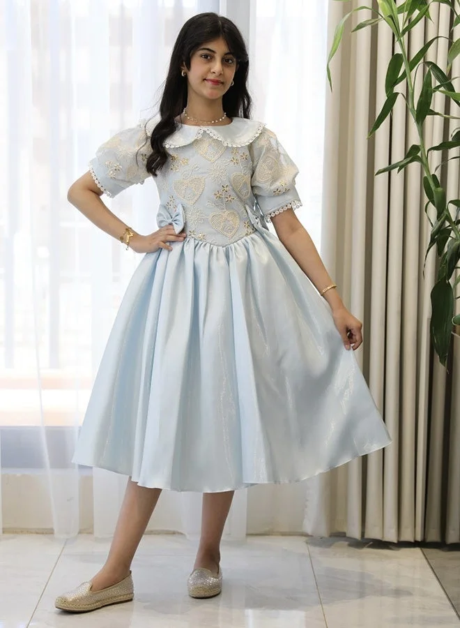Hawraa Abaya Girls’ Sky Blue Heart-Pattern Embroidered Dress with Wide Royal Collar and Luxurious Russian Fabric