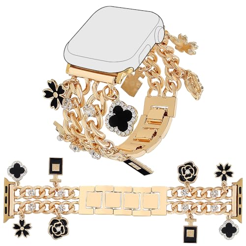 YONWORTH Cuban Chain Band Compatible with Apple Watch Bands 38/40/41mm Women,Bling Diamond Chain Dressy Metal Wristband Cute Charms Pendants for iWatch Series 10 9 8 7 6 5 4 3 SE(A1-Gold Black, 38MM) - Image 1