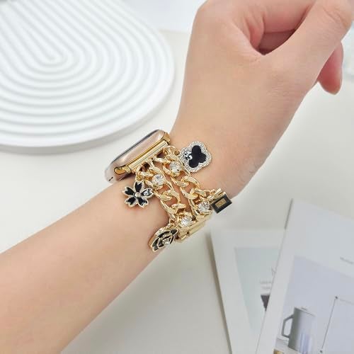 YONWORTH Cuban Chain Band Compatible with Apple Watch Bands 38/40/41mm Women,Bling Diamond Chain Dressy Metal Wristband Cute Charms Pendants for iWatch Series 10 9 8 7 6 5 4 3 SE(A1-Gold Black, 38MM) - Image 4