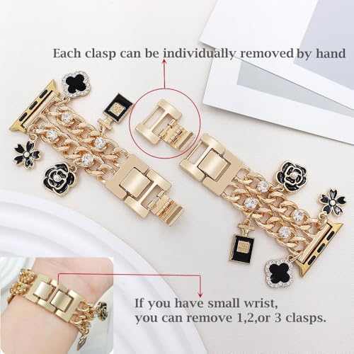 YONWORTH Cuban Chain Band Compatible with Apple Watch Bands 38/40/41mm Women,Bling Diamond Chain Dressy Metal Wristband Cute Charms Pendants for iWatch Series 10 9 8 7 6 5 4 3 SE(A1-Gold Black, 38MM) - Image 3