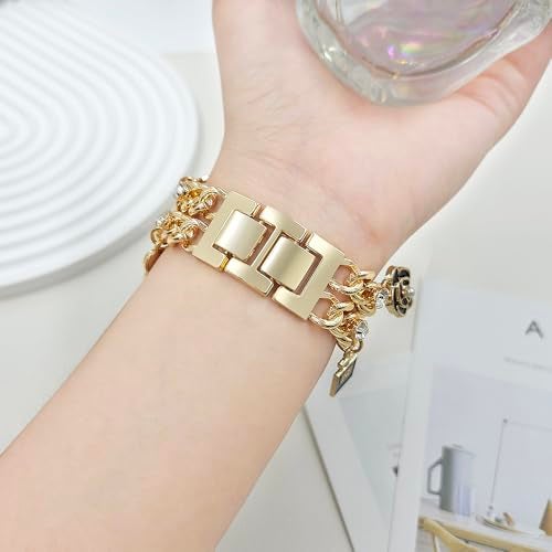 YONWORTH Cuban Chain Band Compatible with Apple Watch Bands 38/40/41mm Women,Bling Diamond Chain Dressy Metal Wristband Cute Charms Pendants for iWatch Series 10 9 8 7 6 5 4 3 SE(A1-Gold Black, 38MM) - Image 5