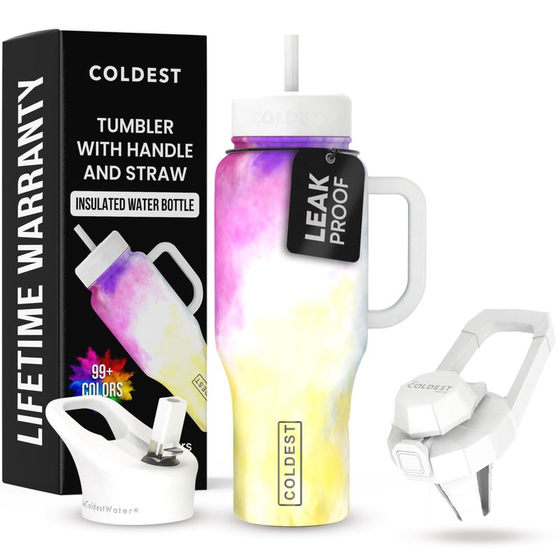 Coldest 40 oz Tumbler with Handle and Straw 100 Leak Proof Insulated Tumbler with Lid and Straw 3 Lids Stainless Steel Tumblers for Women  Men Cup Holder Friendly 36 oz Clouds of Tie Dye