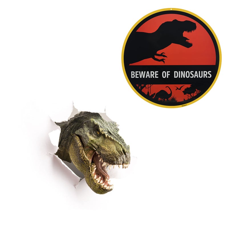 Venicor Beware of Dinosaur Sign - 12 x 12 Inches - Aluminum - Dinosaur Room Decor for Boys - T Rex Bedroom Keep Out Warning Metal Tin Bedroom Wall Decal Pictures Art Stuff Poster Door Decoration - Image 3