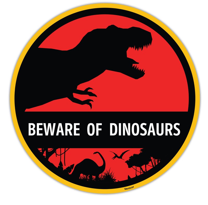 Venicor Beware of Dinosaur Sign - 12 x 12 Inches - Aluminum - Dinosaur Room Decor for Boys - T Rex Bedroom Keep Out Warning Metal Tin Bedroom Wall Decal Pictures Art Stuff Poster Door Decoration - Image 1