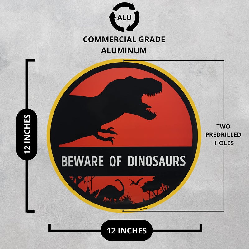 Venicor Beware of Dinosaur Sign - 12 x 12 Inches - Aluminum - Dinosaur Room Decor for Boys - T Rex Bedroom Keep Out Warning Metal Tin Bedroom Wall Decal Pictures Art Stuff Poster Door Decoration - Image 2