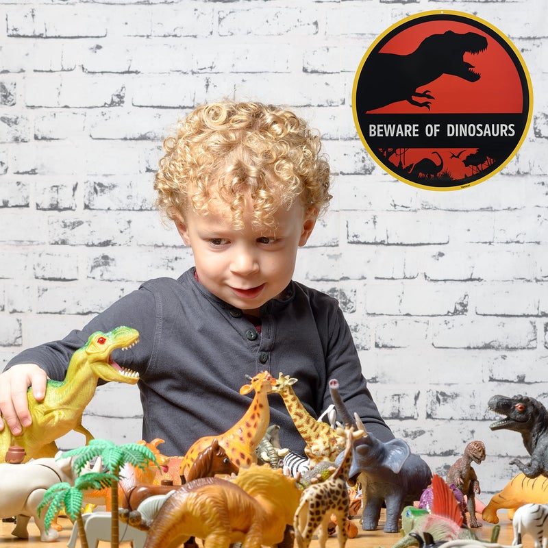 Venicor Beware of Dinosaur Sign - 12 x 12 Inches - Aluminum - Dinosaur Room Decor for Boys - T Rex Bedroom Keep Out Warning Metal Tin Bedroom Wall Decal Pictures Art Stuff Poster Door Decoration - Image 4