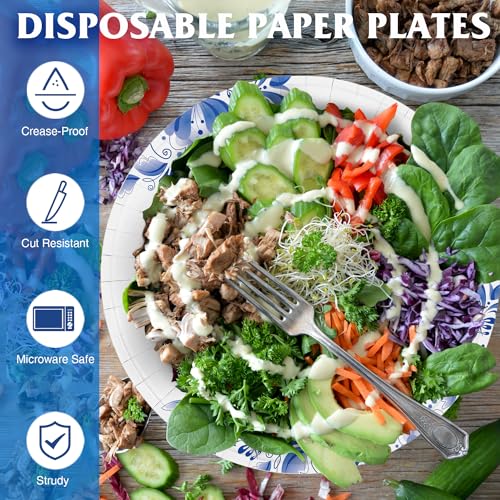 Charmount Paper Plates Bulk 8.5 Inch, 150pcs Disposable Plates, Blue Paper Plates for Parties and Daily Use, Soak Proof, Cut Proof, Flower Printed - Image 2