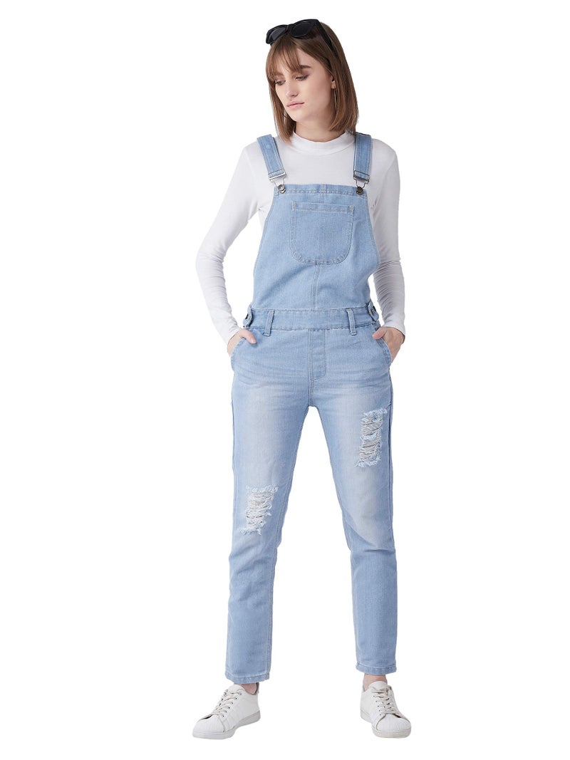 Miss Chase Women's Light Blue Regular Fit Mid Rise Regular Length Ripped Denim Dungaree (MCSS20DEN99-26-158-30_Light Blue_30) - Image 2