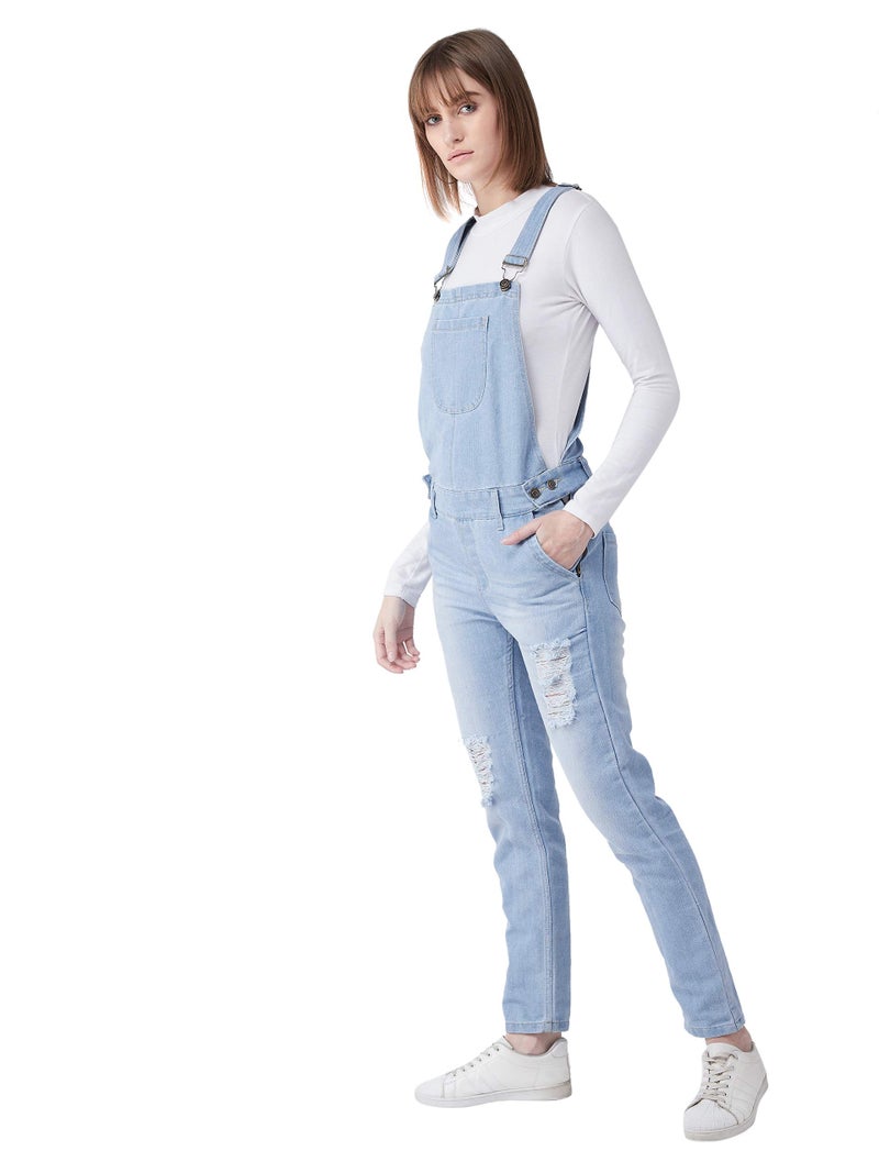 Miss Chase Women's Light Blue Regular Fit Mid Rise Regular Length Ripped Denim Dungaree (MCSS20DEN99-26-158-30_Light Blue_30) - Image 3