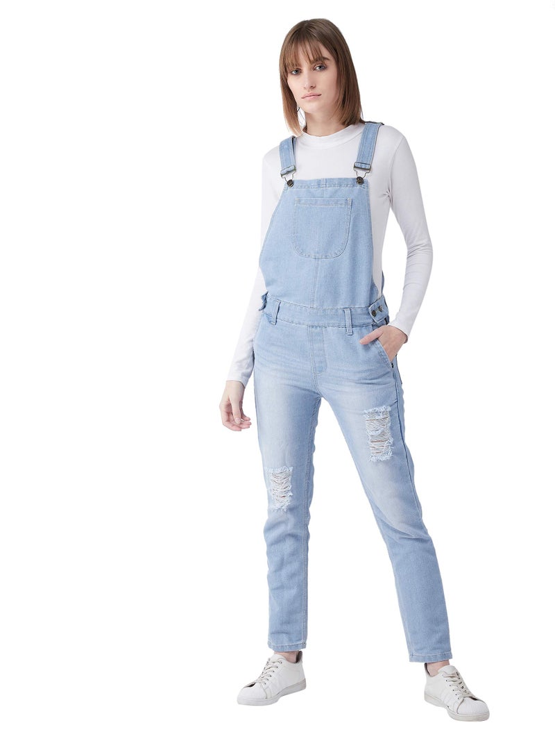 Miss Chase Women's Light Blue Regular Fit Mid Rise Regular Length Ripped Denim Dungaree (MCSS20DEN99-26-158-30_Light Blue_30) - Image 1