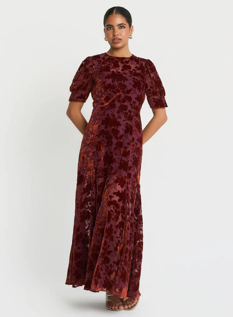 نيدز نو ليبل Burgundy Velvet Puff Sleeve Maxi Dress