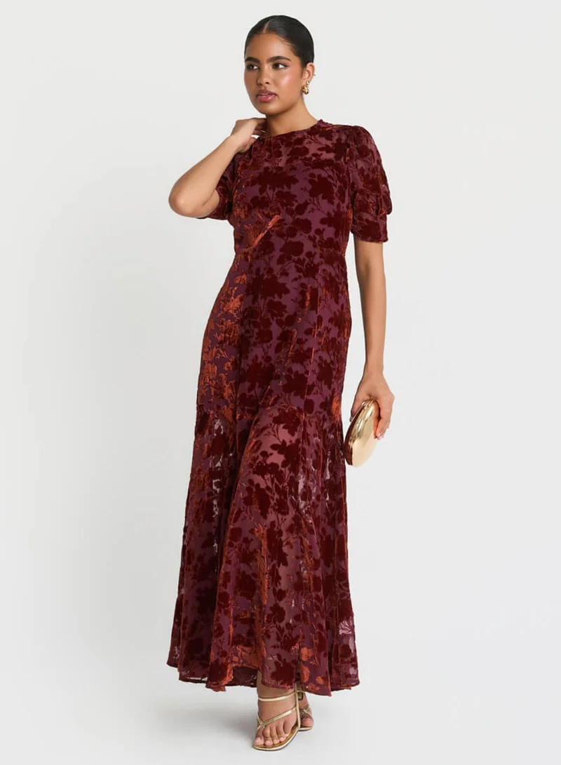 نيدز نو ليبل Burgundy Velvet Puff Sleeve Maxi Dress