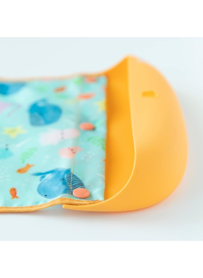 Bumkins Silicone Bibs for Girl or Boy, Baby and Toddler 6-24 Mos, Essential Must Have for Eating, Feeding, Combination Fabric SuperBib and Long Sleeve, Attachable Pocket Food Catcher, Ocean Life Blue - Image 3