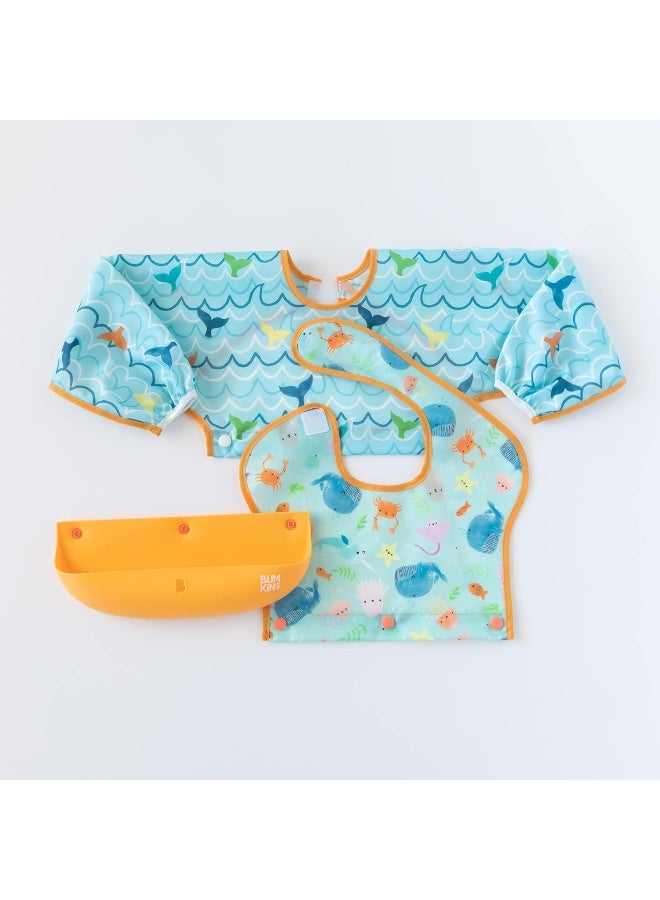 Bumkins Silicone Bibs for Girl or Boy, Baby and Toddler 6-24 Mos, Essential Must Have for Eating, Feeding, Combination Fabric SuperBib and Long Sleeve, Attachable Pocket Food Catcher, Ocean Life Blue - Image 2