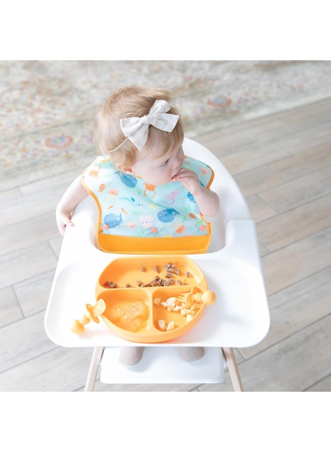 Bumkins Silicone Bibs for Girl or Boy, Baby and Toddler 6-24 Mos, Essential Must Have for Eating, Feeding, Combination Fabric SuperBib and Long Sleeve, Attachable Pocket Food Catcher, Ocean Life Blue - Image 5