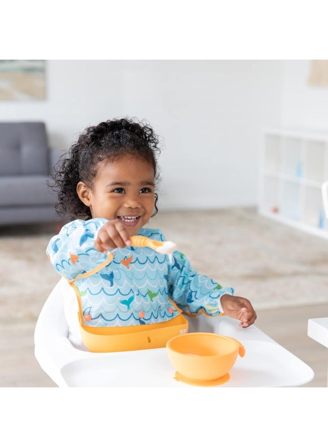 Bumkins Silicone Bibs for Girl or Boy, Baby and Toddler 6-24 Mos, Essential Must Have for Eating, Feeding, Combination Fabric SuperBib and Long Sleeve, Attachable Pocket Food Catcher, Ocean Life Blue - Image 4