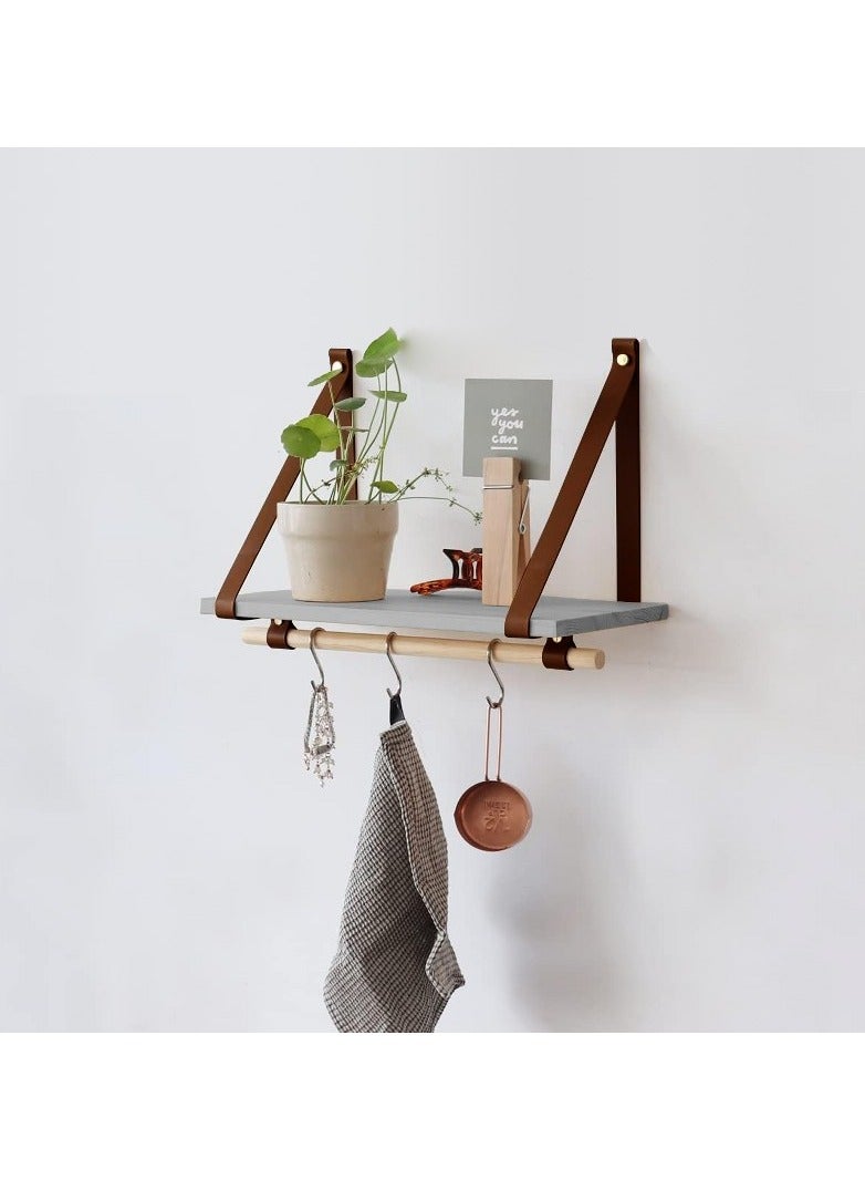 Home Gallery PU Brown Leather Strap Wall Floating Shelf  Gray  - Image 1