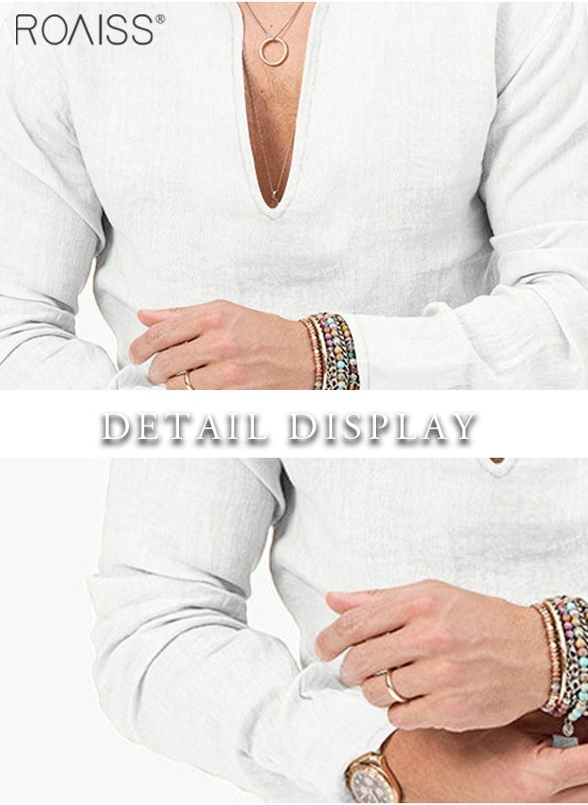 roaiss - Men's Cotton Linen Henley Shirt Long Sleeve Casual Beach Top - Image 1