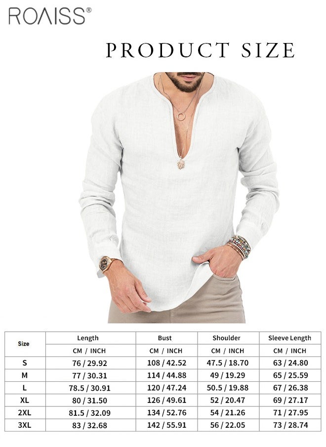 roaiss - Men's Cotton Linen Henley Shirt Long Sleeve Casual Beach Top - Image 1