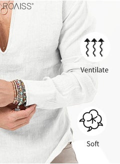 roaiss Men's Cotton Linen Henley Shirt Long Sleeve Casual Beach Top  - Image 3