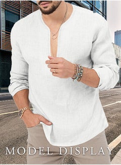 roaiss Men's Cotton Linen Henley Shirt Long Sleeve Casual Beach Top  - Image 5