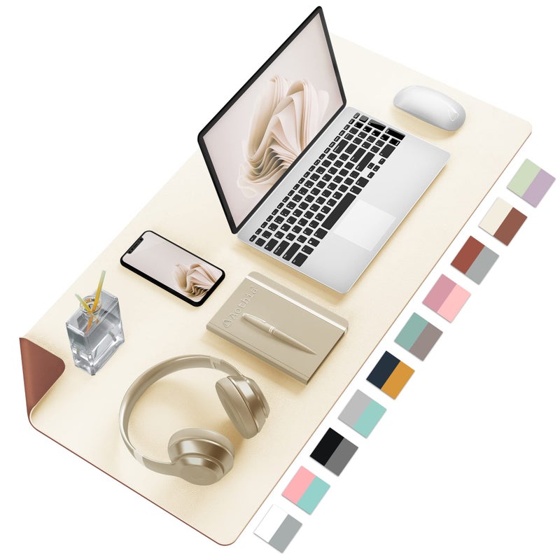 Aothia Desk Mat Large Protector Pad - Multifunctional Dual-Sided Office Desk Pad,Smooth Surface Soft Mouse Pad, Waterproof Desk Mat for Desktop, Pu Leather Desk Cover for Office/Home(Beige, 31.5" x 15.7") - Image 1