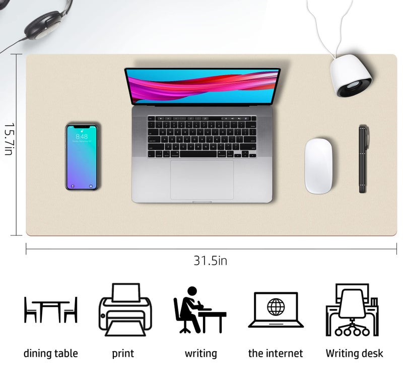Aothia Desk Mat Large Protector Pad - Multifunctional Dual-Sided Office Desk Pad,Smooth Surface Soft Mouse Pad, Waterproof Desk Mat for Desktop, Pu Leather Desk Cover for Office/Home(Beige, 31.5" x 15.7") - Image 3