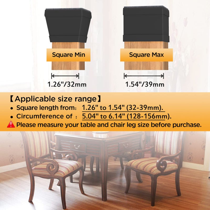 CHWM 16 PCS Square Chair Leg Floor Protector, Silicone Chair Leg Cover, Furniture Leg Protectors with Felt, Mobile Table Leg pad, Protect The Floor from Scratches.1 1/2 in Black. - Image 2